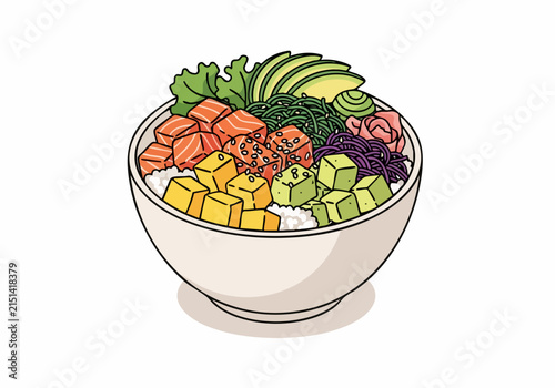Colorful poke bowl with fresh salmon and avocado