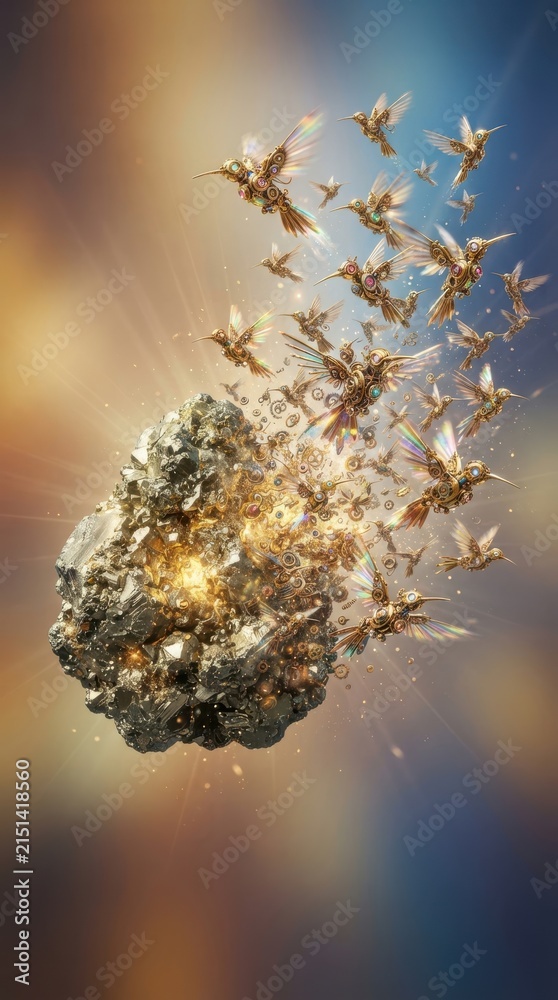 Fototapeta premium Steampunk mechanical hummingbirds emerging from a glowing golden asteroid