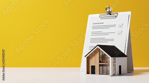 Home Inspection Checklist with Modern House Model and Completed Property Report for Real Estate Due Diligence Concept.

