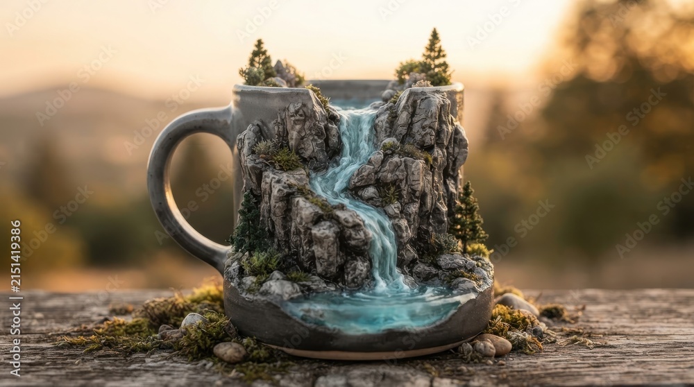 Obraz premium Ceramic coffee mug with sculpted mountain waterfall landscape