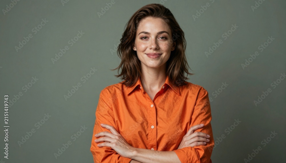 Obraz premium Confident Professional Woman in Orange Shirt