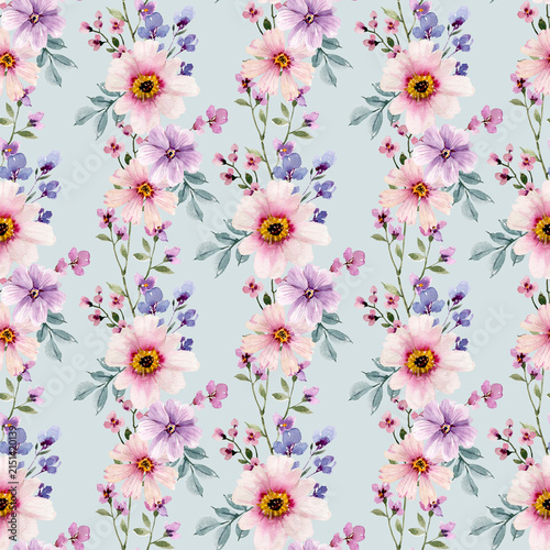 Seamless watercolor pattern with bouquets of pink and lilac flowers on a blue background. Hand-drawn botanical illustration. Floral print for textiles or wrapping paper.