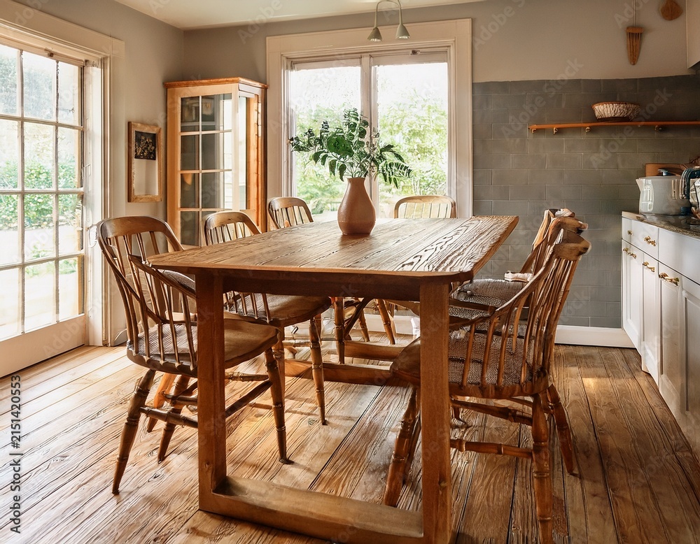 Fototapeta premium vintage kitchen dining nook featuring a solid walnut table mismatched chairs and a ceramic vase with greenery in soft morning light