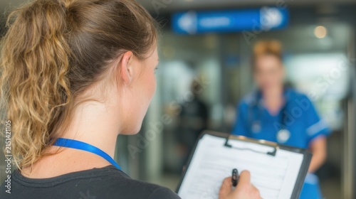 Nurse taking rapid medical history at occupational health quick evaluation station focusing on stressed employee with outoffocus clinic environment.