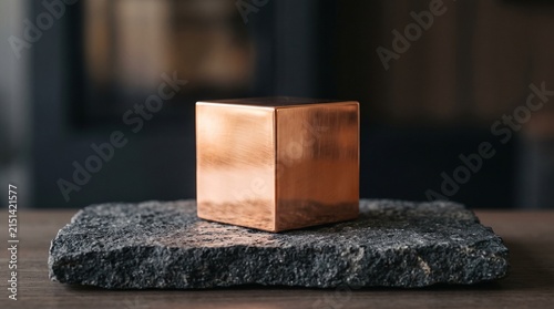 Obraz w ramie Copper cube sits centered on a rough gray stone.