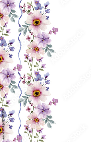 Seamless watercolor floral border with purple and pink flowers. Hand-painted botanical frame for decor.