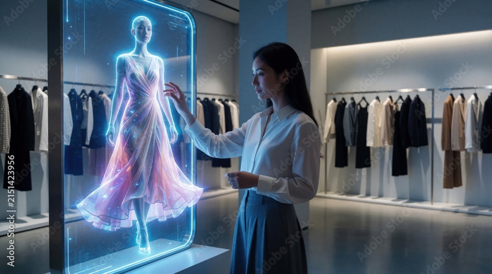 Obraz premium Woman uses holographic display to virtually try on dress in modern store. Interactive clothing technology offers futuristic shopping experience. Apparel selection uses smart interface in retail space.
