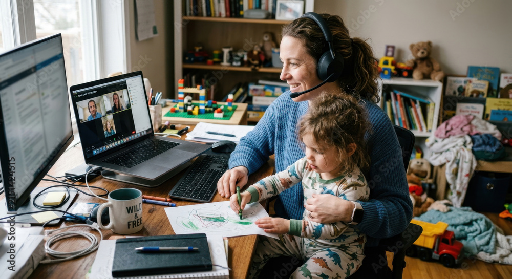 Fototapeta premium Mother working from home with child drawing