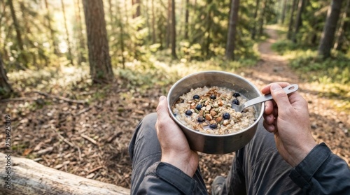 Person eating healthy oatmeal with berries and seeds from a camping mess kit in a sunlit forest