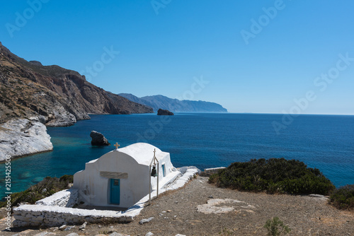 Canvas Print Agia Anna Chapel Above Aegean Sea and Rocky Coastline, Amorgos Island, Cyclades,