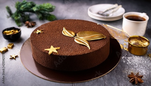 luxury chocolate cake decorated with gold leaf fine dining dessert