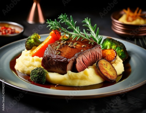 perfectly plated roasted meat dish accompanied by mashed potatoes and seasonal vegetables in an elegant presentation