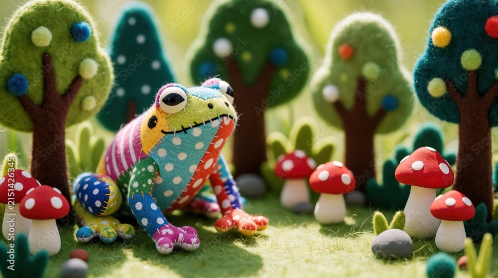 Fototapeta premium Small handmade patchwork frog toy sits in craft forest scenery. Colorful textile amphibian character rests near felt trees, clay mushrooms. Cute artisan stuffed animal design appears inside creative