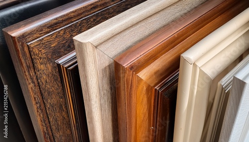 samples of decorative picture frame moldings in various wood finishes and colors