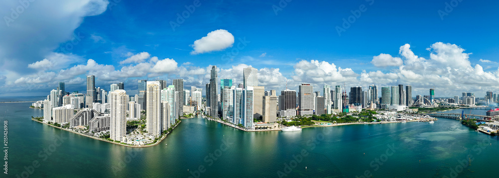 Obraz premium Panoramic Brickell Key. Skyscraper building architecture. Cityscape skyscraper. Panoramic skyline cityscape. City panorama. City downtown skyscraper. Aerial Miami panorama