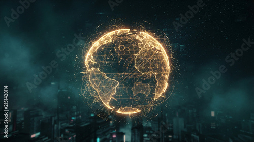 Golden digital planet sphere background for international fintech, futuristic 3D global financial network illustration, corporate wealth and digital economy abstract concept graphic