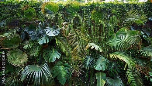 lush green vertical garden wall filled with diverse tropical foliage and leafy plant species