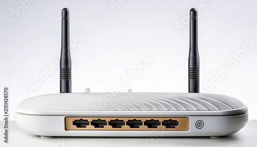 white wifi router with two antennas on a plain white background