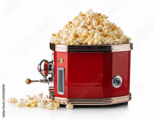 retro red popcorn machine with fresh popcorn isolated on white background