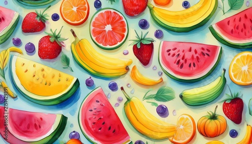 colorful seamless pattern of various fruits including watermelon oranges strawberries and bananas in a watercolor style