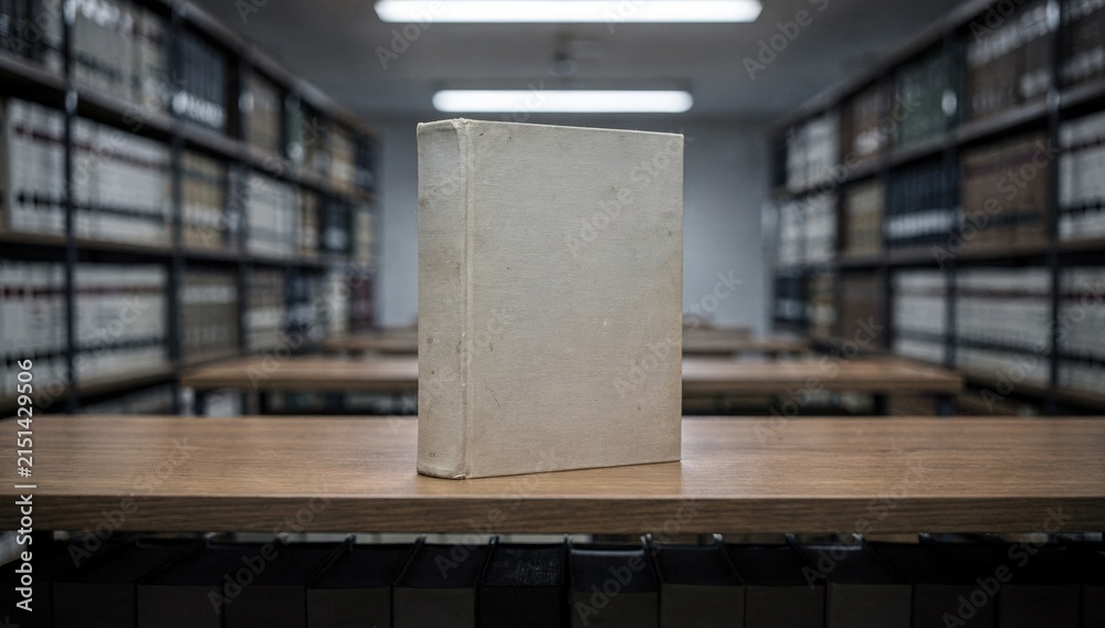 Fototapeta premium Medium shot of a quiet archive room with climate control emphasizing a single thick bound volume in focus fading shelves of archived journals in the background.