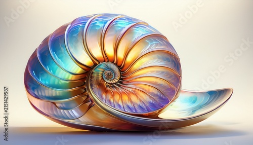 iridescent nautilus shell with spiral design on white background