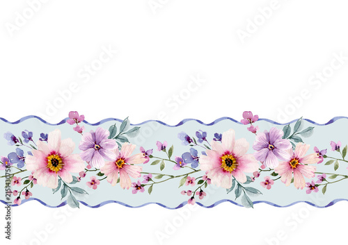 Seamless floral border with purple and pink flowers on a blue background. Hand painted, for decoration.