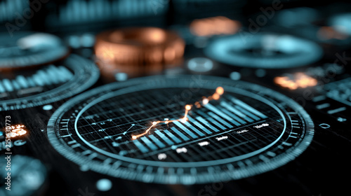 Financial charts and data analytics are displayed on a futuristic digital dashboard interface.