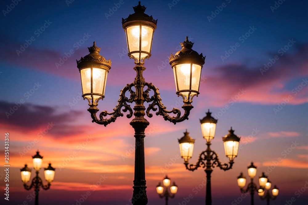 Obraz premium Antique street lamps shine in park at colorful sunset. Decorative iron lanterns stand along path against evening sky. Bright electric bulbs glow in dusk. Urban metal poles provide warm illumination