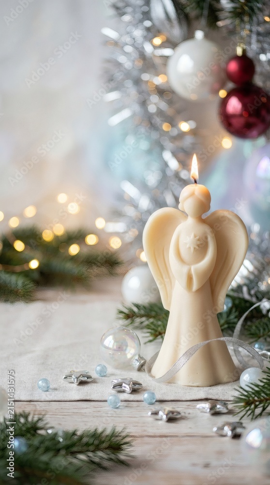 Obraz premium Peaceful Angel Candle with Christmas Decorations and Warm Bokeh Lights