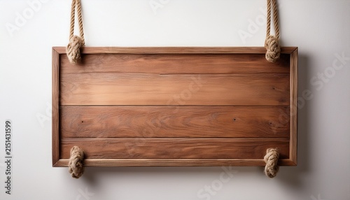 blank wood sign hanging on white wall with area for text