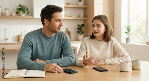 Father and teenage daughter discussing online safety at home. Everyday Digital Safety