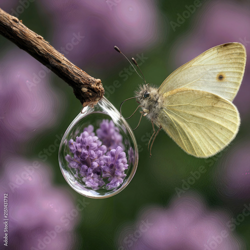 A butterfly hovers over a raindrop reflecting a lilac blossom at the end of a twig
