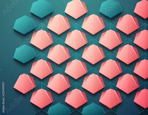 minimalist geometric background with overlapping pentagon shapes abstract 3d layered pentagon pattern in muted pink and dark teal elegant modern graphic design for corporate presentation slide
