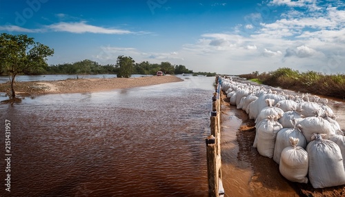 flood barrier protecting communities with sandbags and emergency response