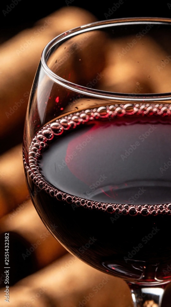 Obraz premium Macro closeup of red wine in glass with bubbles. Dark ruby liquid fills elegant glassware. Soft bokeh background creates moody atmosphere. Perfect for fine dining, celebration, winery marketing