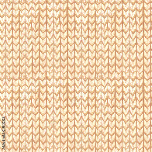 Knitted fabric seamless pattern watercolor illustration for hobby knitting design. Hand drawn ornament with wool thread loops. Template background for knitter blog, needlework store, handwork website.