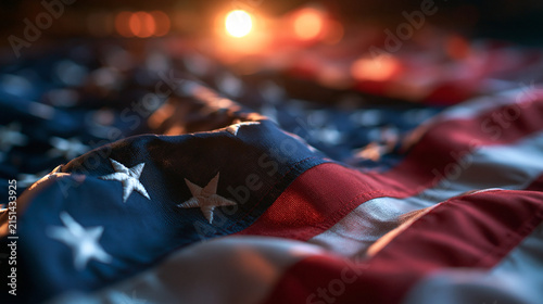 Waving American Flag Close Up with Warm Glowing Bokeh