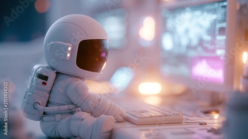 Astronaut using a keyboard inside a spacecraft with glowing screens and soft futuristic lighting.