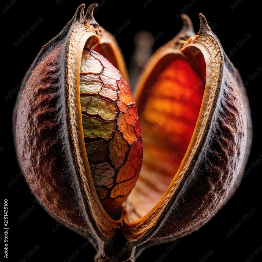 Obraz premium Macro shot of open dry seed pod revealing textured inner nut with geometric cracks. Dark brown exterior contrasts with warm orange kernel hues. Botanical specimen shows intricate organic patterns for
