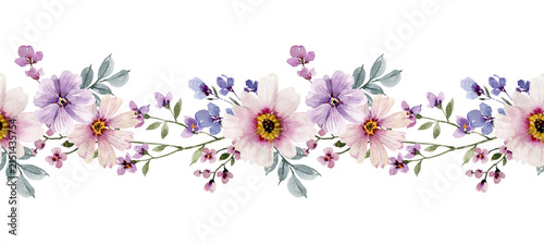Seamless watercolor floral border with purple and pink flowers. Hand-painted botanical frame for decor.