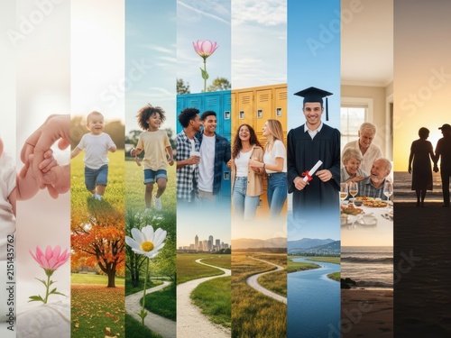 Life stages photo collage, human growth and aging timeline, diverse people from birth to senior years, life journey concept