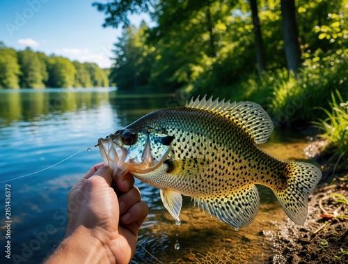 Angler holds live crappie fish by mouth at lake shore during summer. Man catches fresh water trophy on fishing line near forest river bank. Outdoor hobby activity showing wet scales, natural fins of