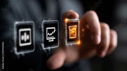 Hand selects a glowing orange data package icon on a futuristic digital screen interface.