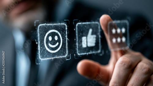 Businessman taps a glowing happy face icon to submit a positive service review online.