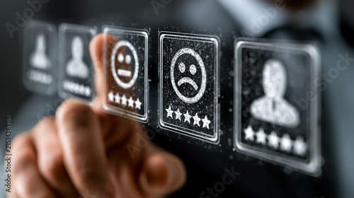 Hand presses a glowing sad emoji icon during an online customer evaluation process.