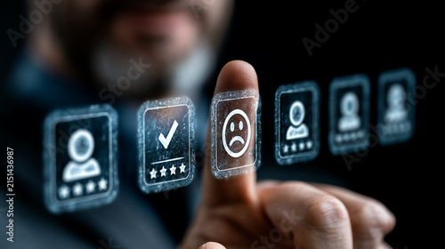 Businessman selects a sad face icon on a futuristic digital customer feedback interface.
