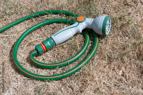 Dried-up, sunburnt grass which has turned yellow from a lack of water, with green hose pipe with grey watering nozzle laying on the ground. The resulting condition of a British garden lawn due to the 