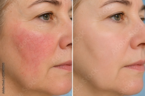 Before and after laser treatment for rosacea and broken capillaries, spider veins removal on mature woman cheek comparison