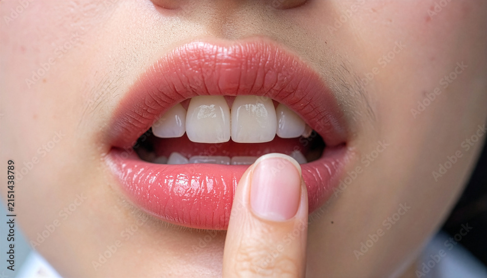 Naklejka premium Smiling Young Woman Showing Healthy White Teeth, Close-Up Beauty Portrait with Fresh Lips, Clean Skin and Dental Care Concept